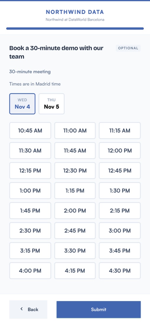 A Scaniam Meeting question on a phone showing a 30-minute meeting, Times are in Madrid time, two days and a grid of open start times