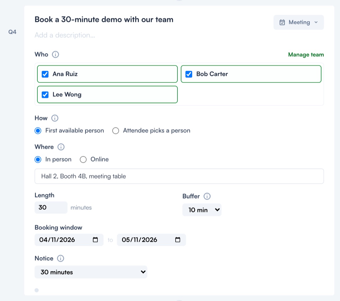 A Scaniam Meeting question in the survey builder with three team members ticked, First available person, In person with a location, 30 minute length, 10 minute buffer, a two-day booking window and 30 minutes notice